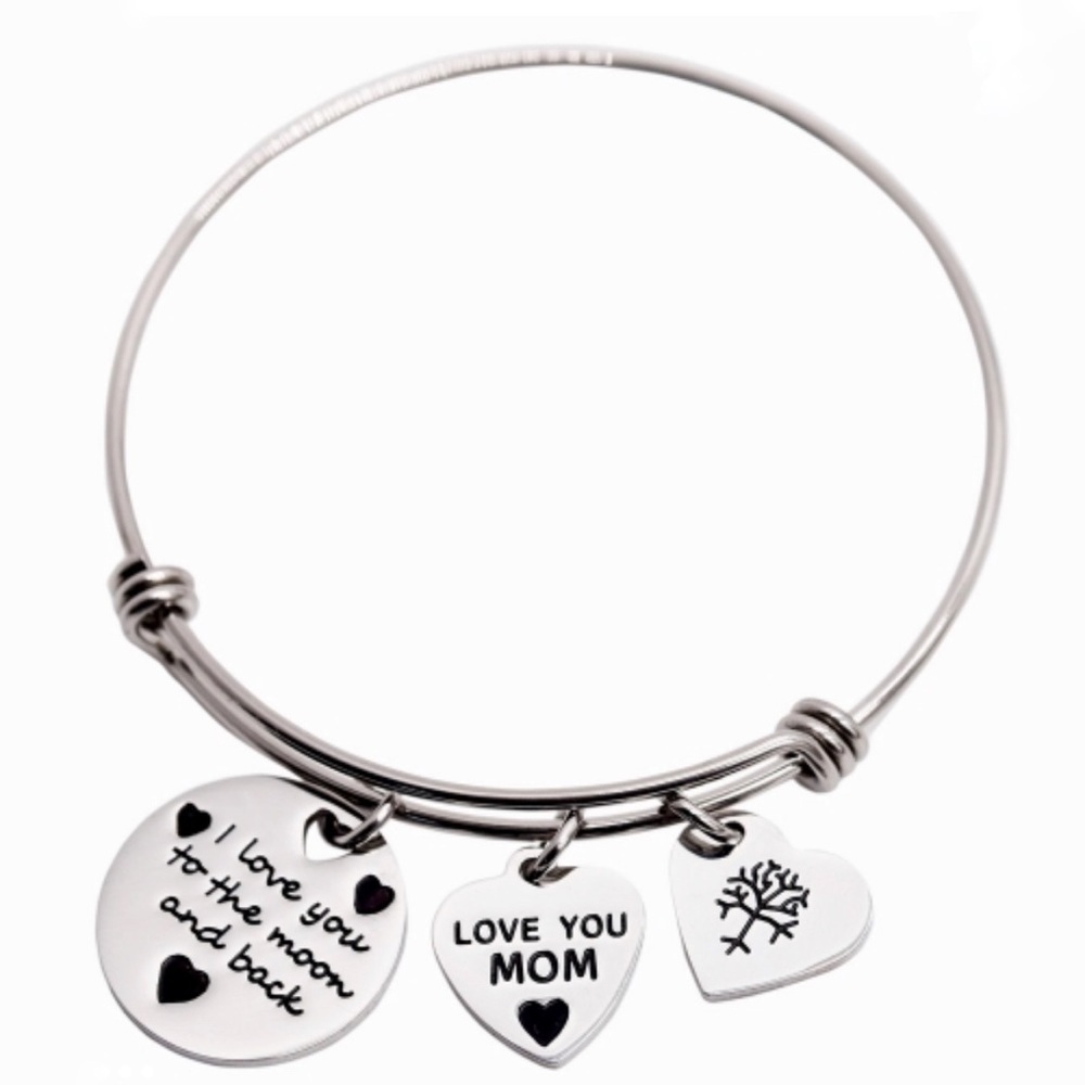 New Silver Tone Love You Mom To The Moon And Back Charm Wire Bangle Bracelet